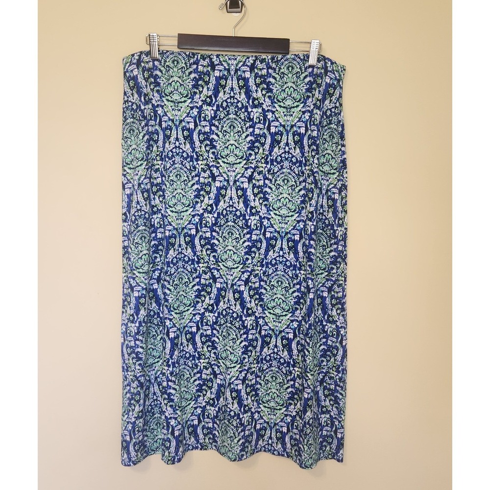 J Jill Blue Green Paisley Damask Midi Skirt Large Pull On EcoVero Stretch Fabric